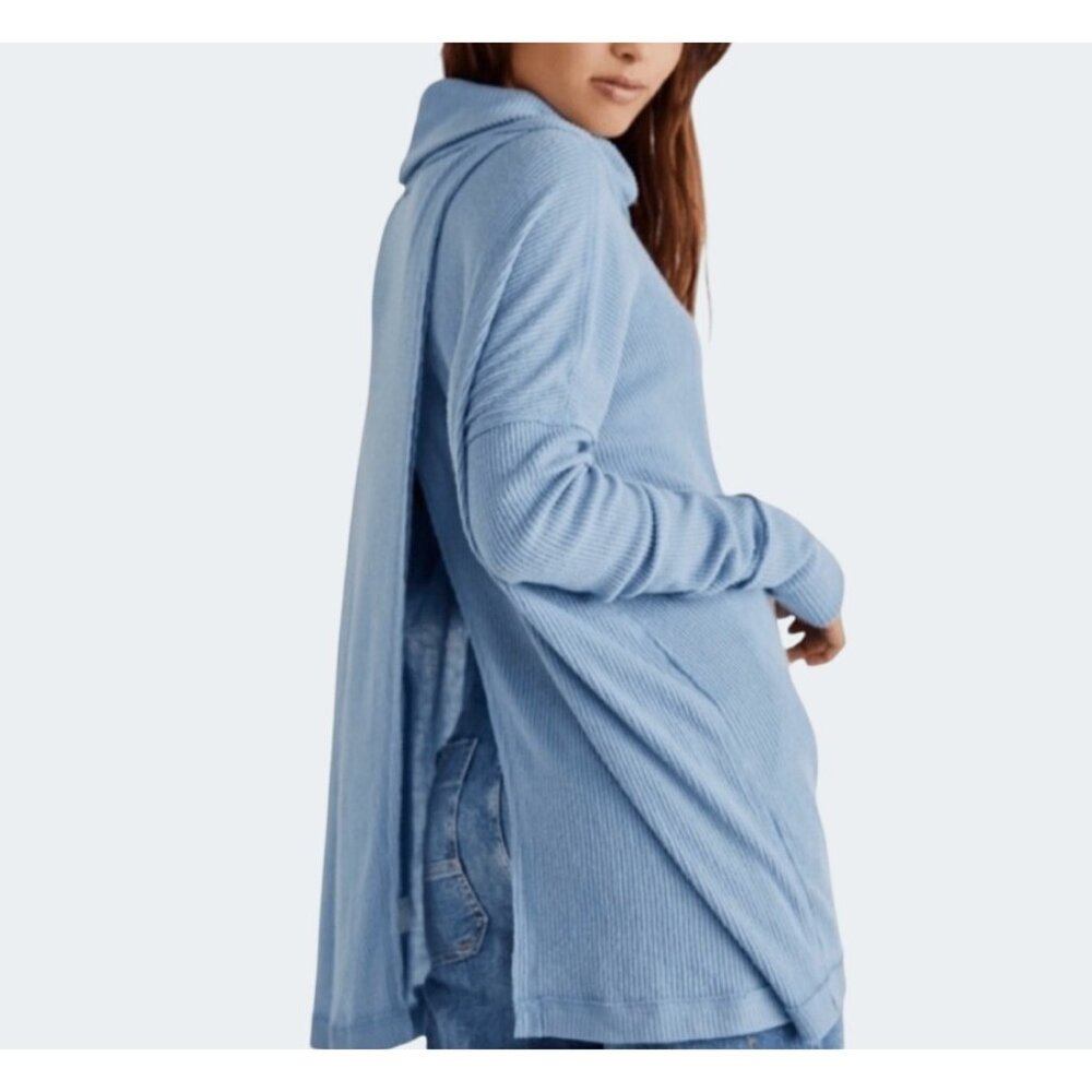 Free People Juicy Ribbed Dusty Blue Cowl Neck Sweater Loose Fit Small